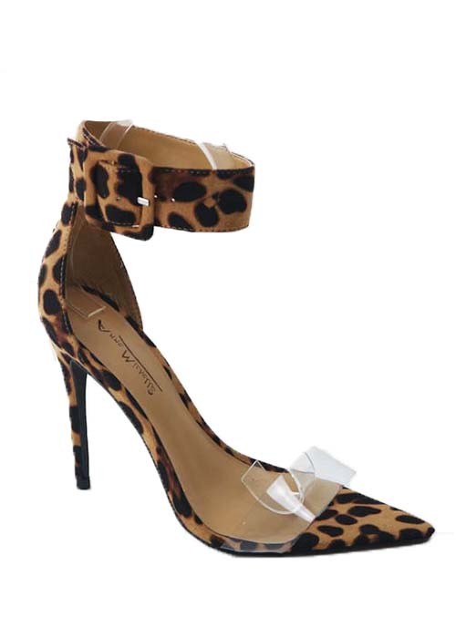 Leopard Pointy Toe Clear High Heel With Buckle Strap