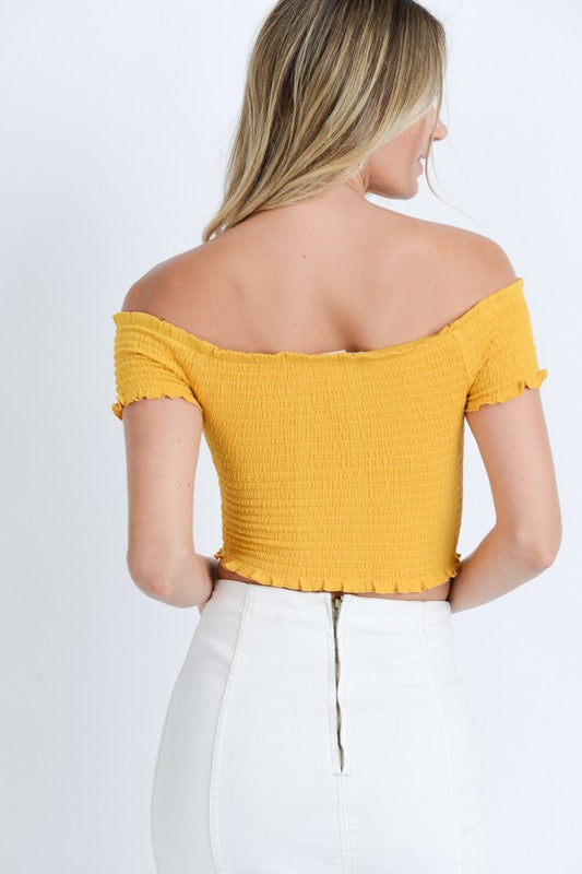 Ruffled Off The Shoulder Lace Up Smocked Crop Top