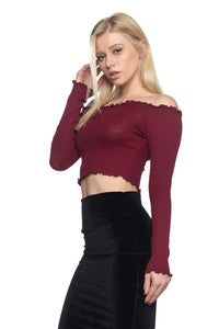 Rib-knit fabric features an off shoulder long sleeve cropped
