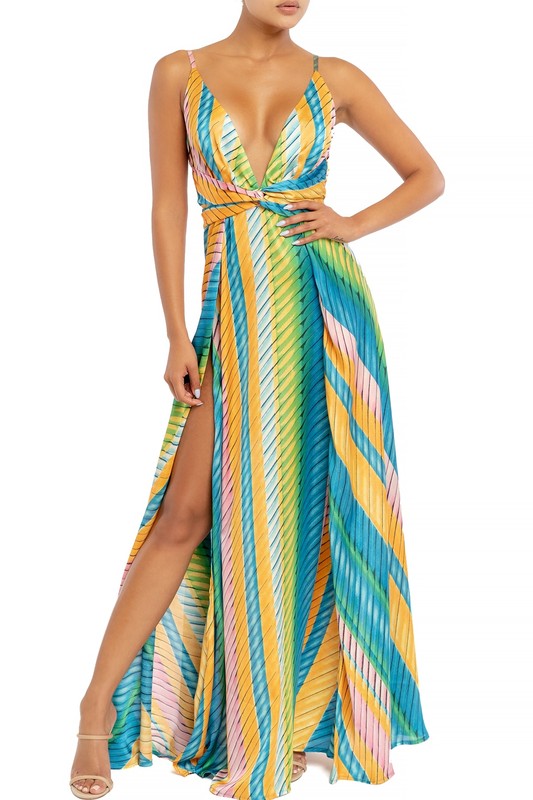 Rainbow Stripes Slit Maxi Dress - Blue