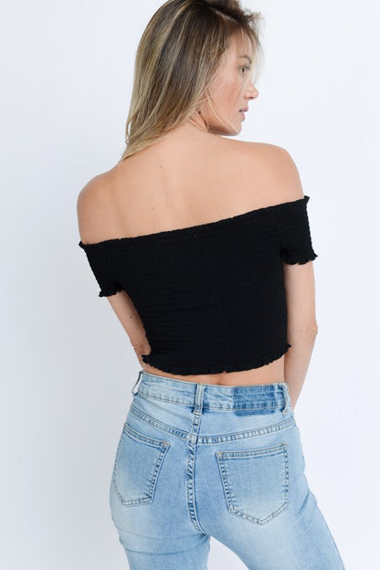 Ruffled Off The Shoulder Lace Up Smocked Crop Top