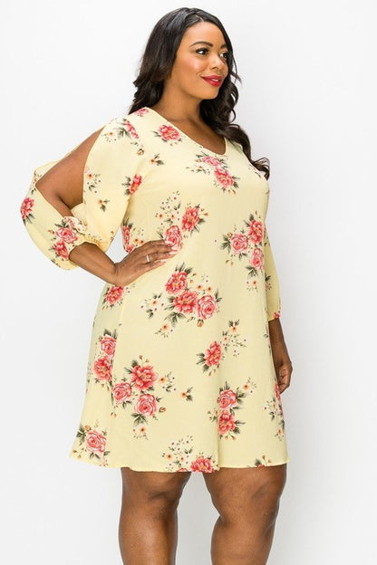 Plus Size Yellow Floral Long Sleeve Fit Dress