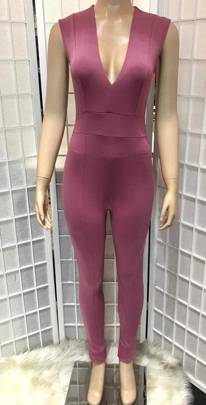 Solid sleeveless bodycon jumpsuit with v-neck and back zip closure.