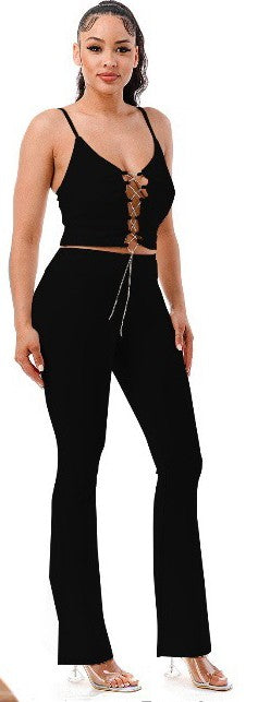 Rhinestone Lace Up Crop Top & Bell Bottoms