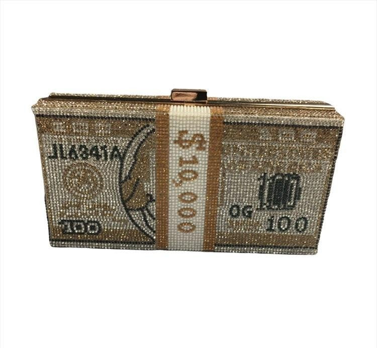 Caleesa:  Gold & Silver Rhinestone  10000 Dollars-Stack of Cash Unique Evening Clutch