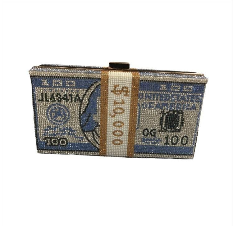 Caleesa: Blue/Gold/Green & Silver Rhinestone 10000 Dollars-Stack of Cash Unique Evening Clutch