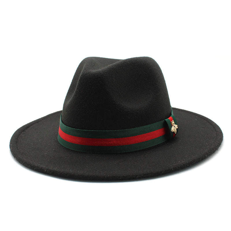 Black Fedora Hat with Black, Green & Red Trim (w/Bee Pendant)